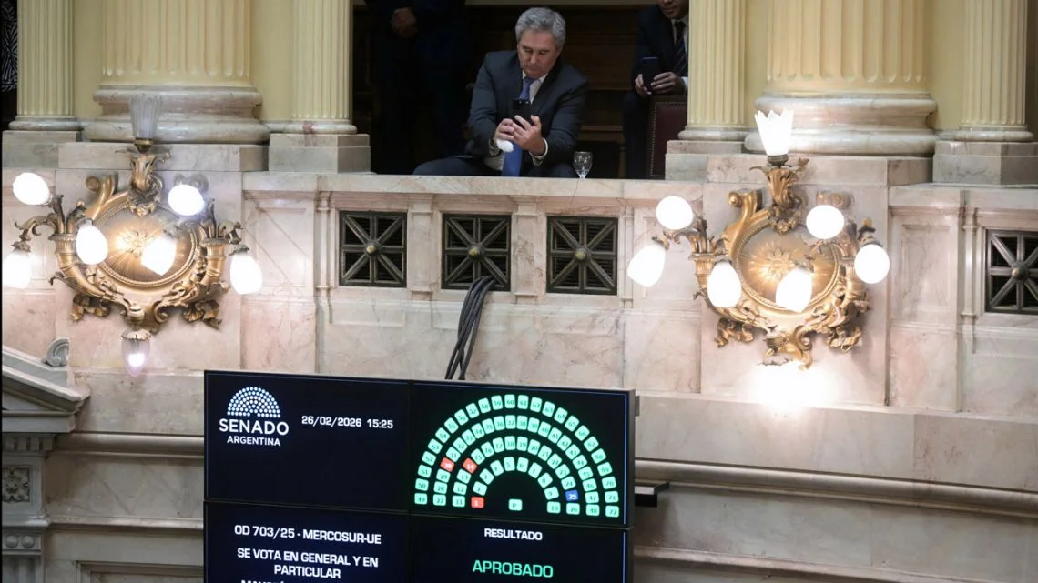 Sesión del Senado argentino en Buenos Aires durante la votación de la reforma laboral y el acuerdo Mercosur-UE en febrero de 2026